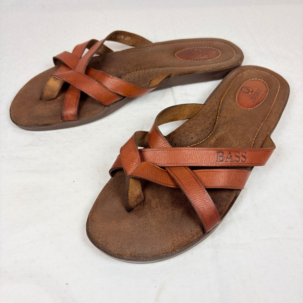 Vtg GH Bass Sunjuns Beach Bum Mens 12M Tan Leather Thong Sandals Brazil Classic